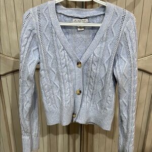 Gray Cable Knit Cardigan Sweater with V-Neck